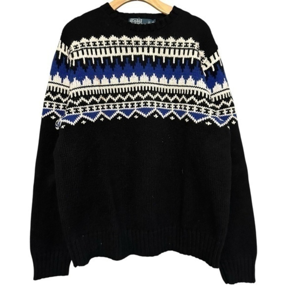 Polo Ralph Lauren Vintage XL Black Blue White Cashmere Angora Rabbit Sweater